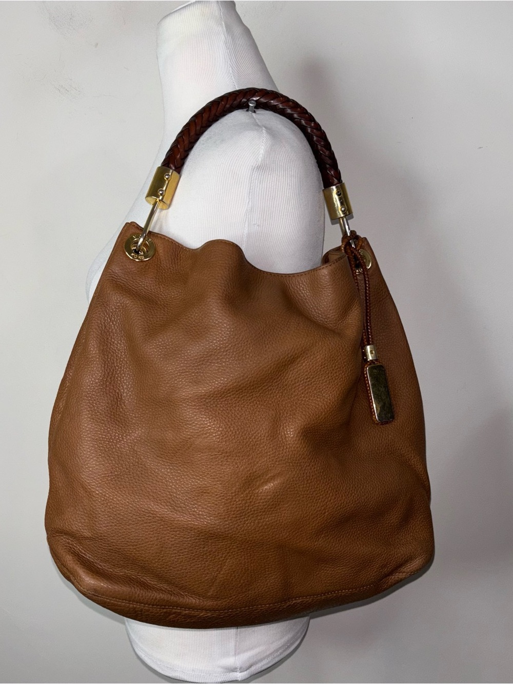Michael Kors Brown Leather Skorpios Hobo Shoulder Bag Braided Strap